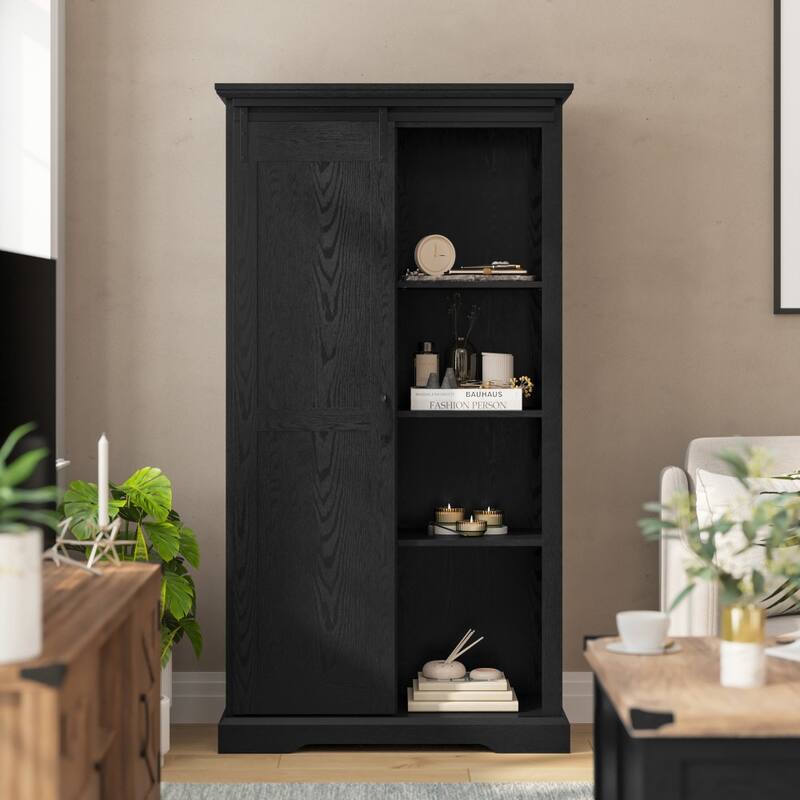 Farmhouse Storage Cabinet with Adjustable Shelves and Sliding Barn Door - 16.75"D x 36.25"W x 68"H - Black