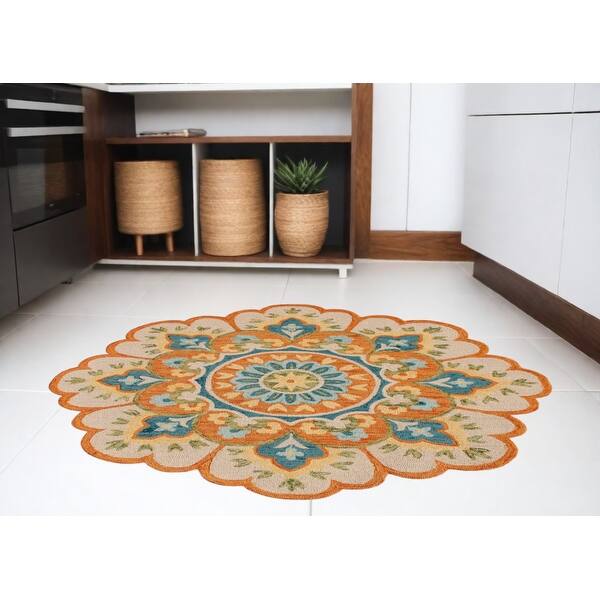 HomeRoots 4' Orange and Blue Round Wool Floral Hand Tufted Area Rug ...