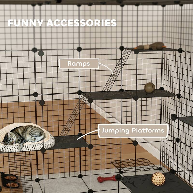 Black Steel PP Expandable Cat Cage with Jump Platforms and Doors