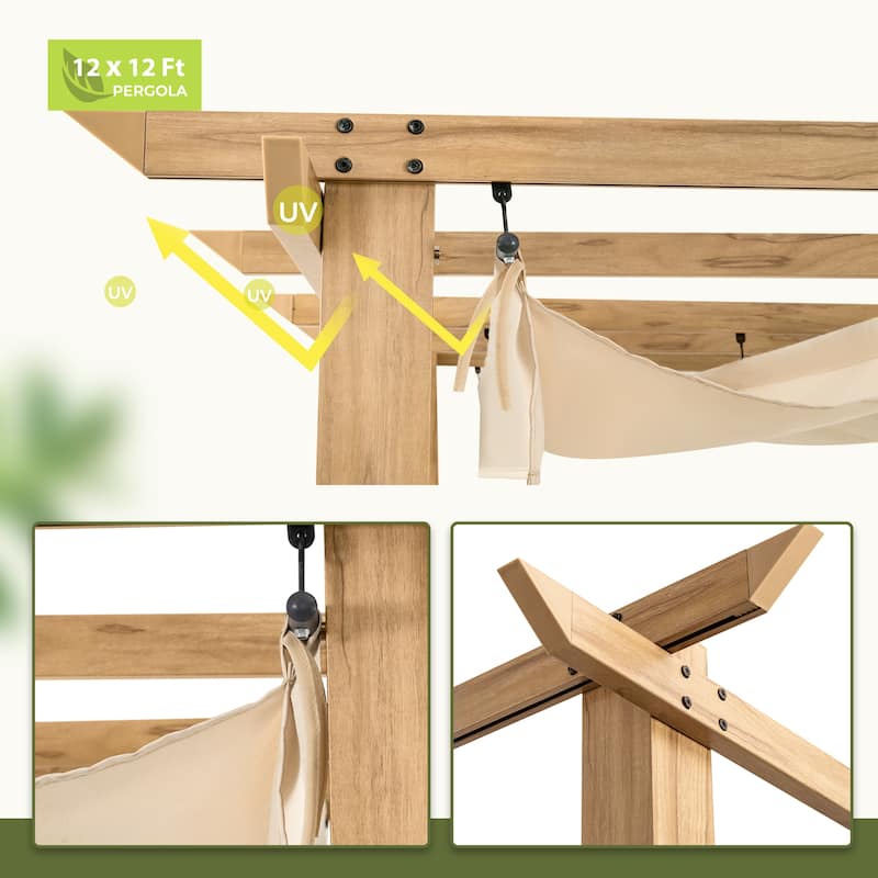 12 ft. x 12 ft. Wood Grain Aluminum Outdoor Pergola with Retractable Shade Canopy