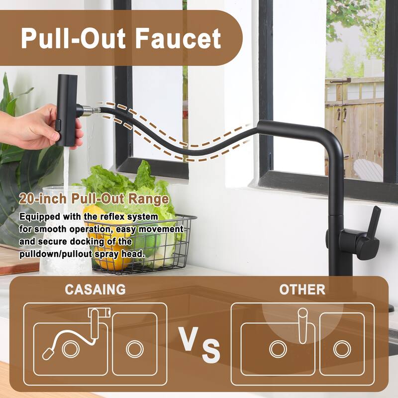 Single Handle Pull Out Sprayer Kitchen Faucet with 3 Functions Spray, 360° swivel
