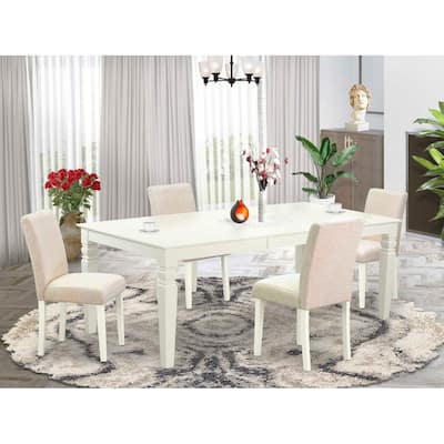 Coastal Dining Set - 5pc Rectangular Table & 4 Chairs - Linen White Legs - Light Beige Fabric
