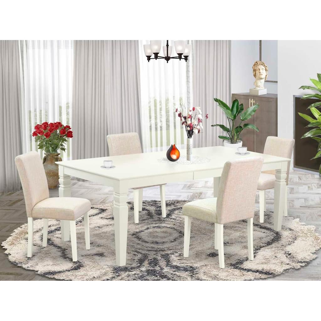 Coastal Dining Set - 5pc Rectangular Table & 4 Chairs - Linen White Legs - Light Beige Fabric
