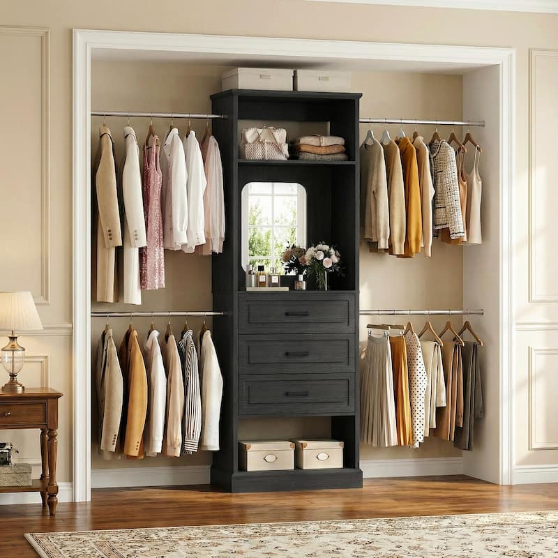 90'' W Closet System with Extendable Hanging Rods & Mirror,Walk-in Closet Organizer System Starter Kit with Drawers - Black