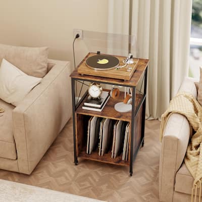 Mobile Record Player Stand with Power Outlet with Open Shelf and Dividers-Rustic Brown - Multi