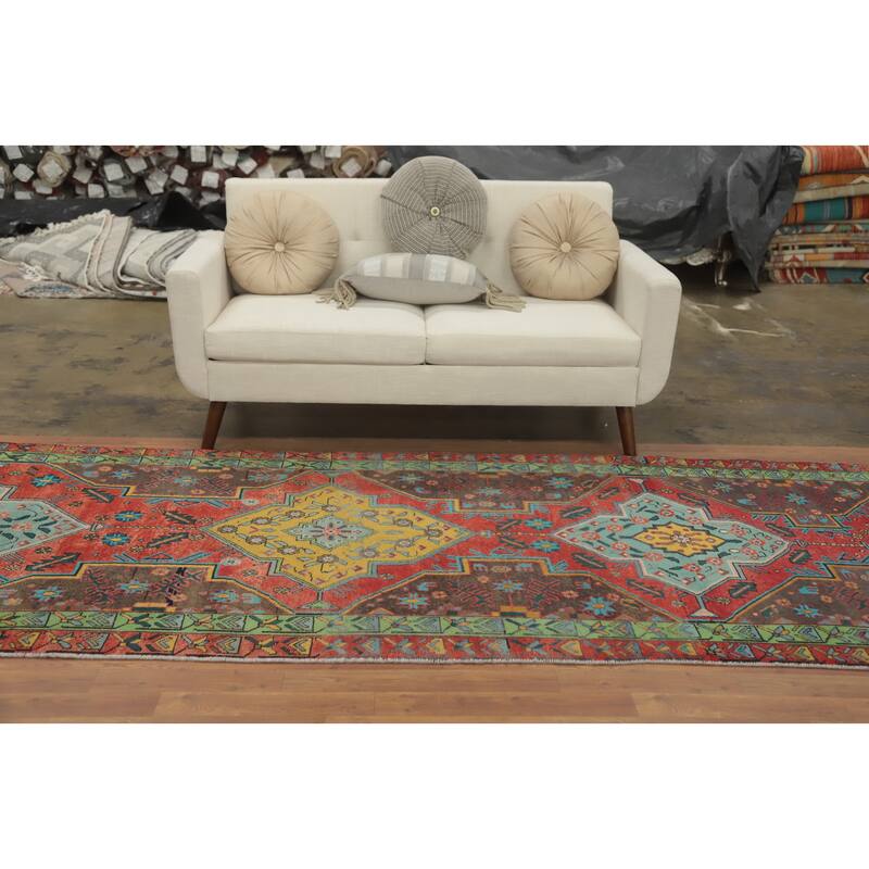 Hand Knotted Oriental 100% Wool Carpet Traditional Geometric Red Tabriz Runner Rug - 13' 11'' X 4' 1''
