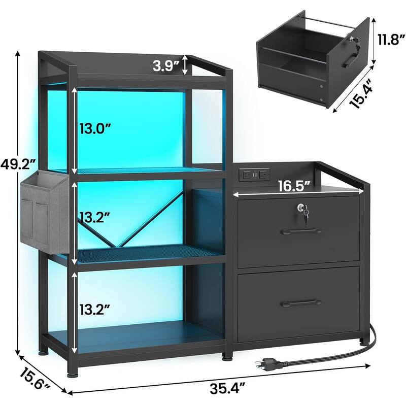 2 Drawer File Cabinet Filing Cabinet Letter Legal Power Strip LED Lights Lock Open Shelf