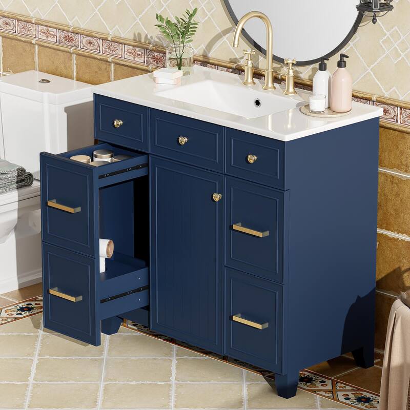 Bathroom Vanity with Sink, Vanity Set with Double-Layer & Standard Drawers, Bathroom Storage Cabinet with Adjustable Shelf - Blue