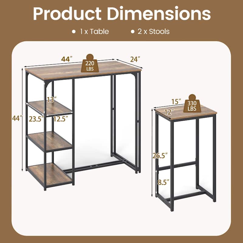 3-Piece Bar Height Table and Stools Set Metal Frame MDF Top with Side Storage for Kitchen - 44" x 24" x 44"(L x W x H)