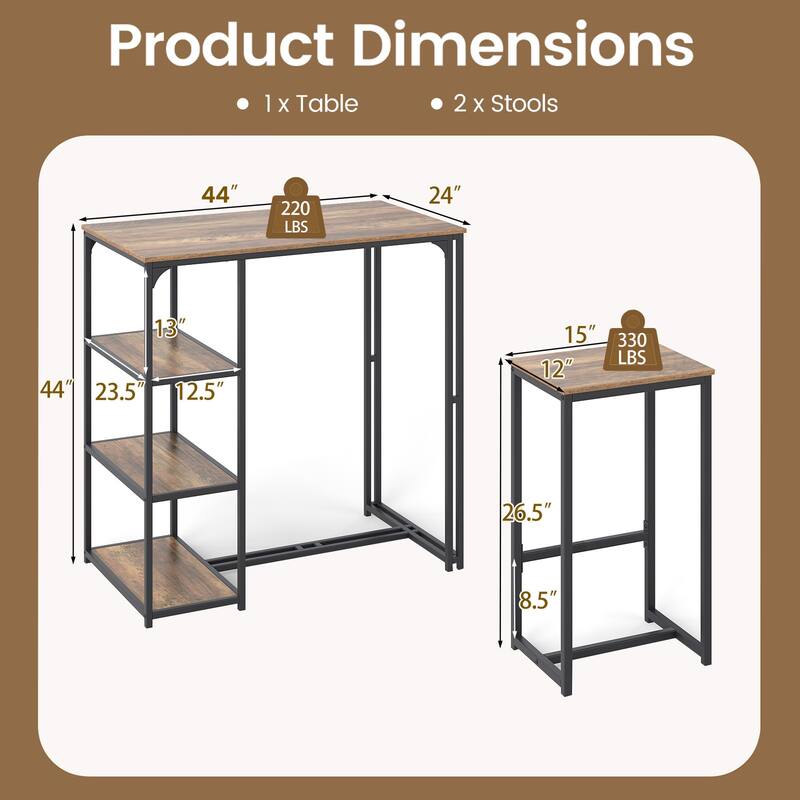 Gymax 3-Piece Bar Table Set 2 Person Dining Furniture Set w/2 Stools 3