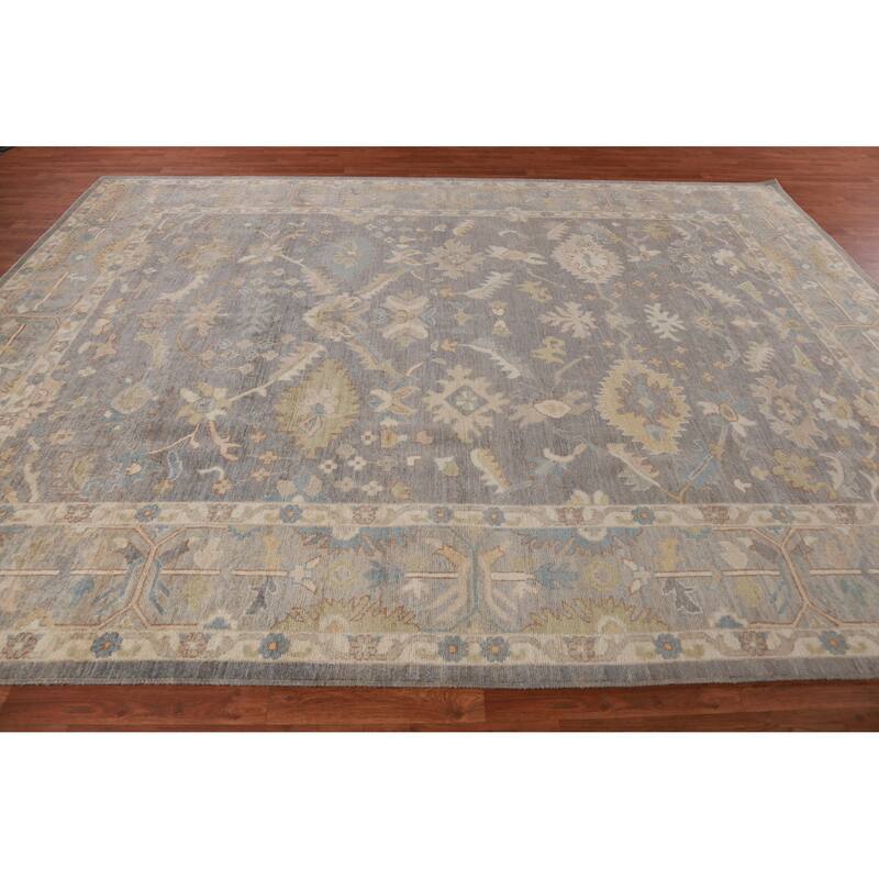 Hand Knotted Oriental 100% Wool Carpet Transitional All-Over Greys & Charcoal Oushak Area Rug - 12' 0'' X 9' 1''