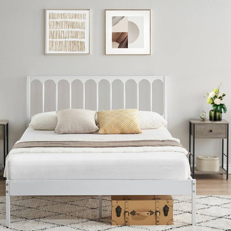 Metal Bed Frame with Headboard, Heavy Duty Steel Slat Support - White - Queen