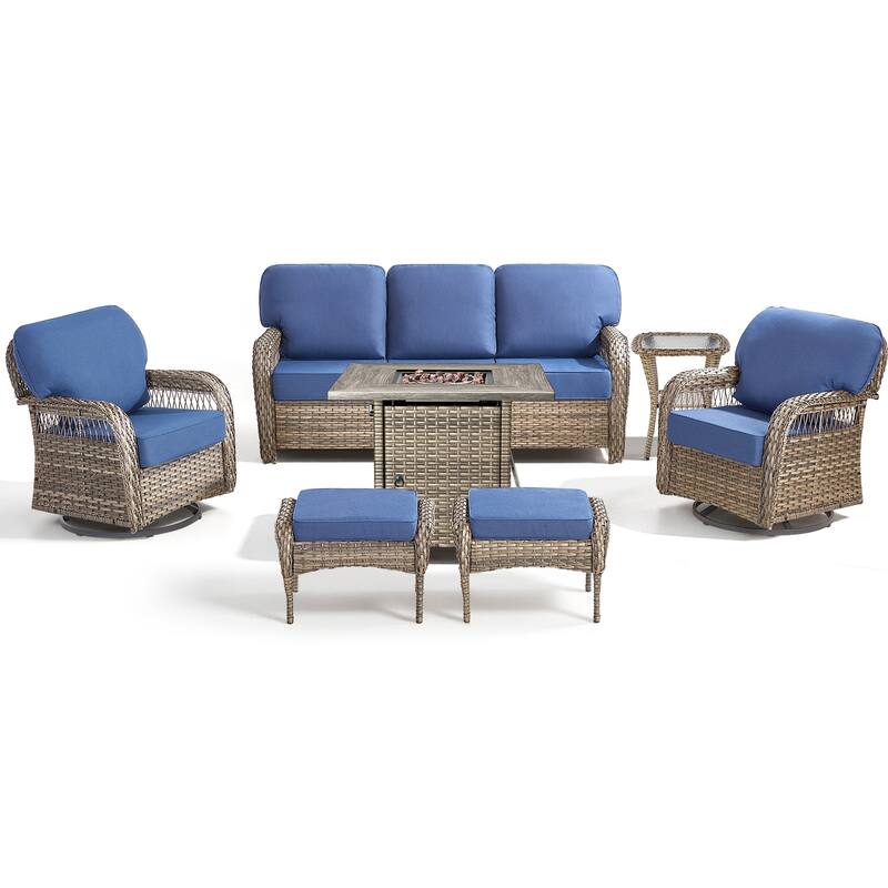 Pocassy Outdoor Sofa Ottoman Swivel Chair Table with Fire Table Set.