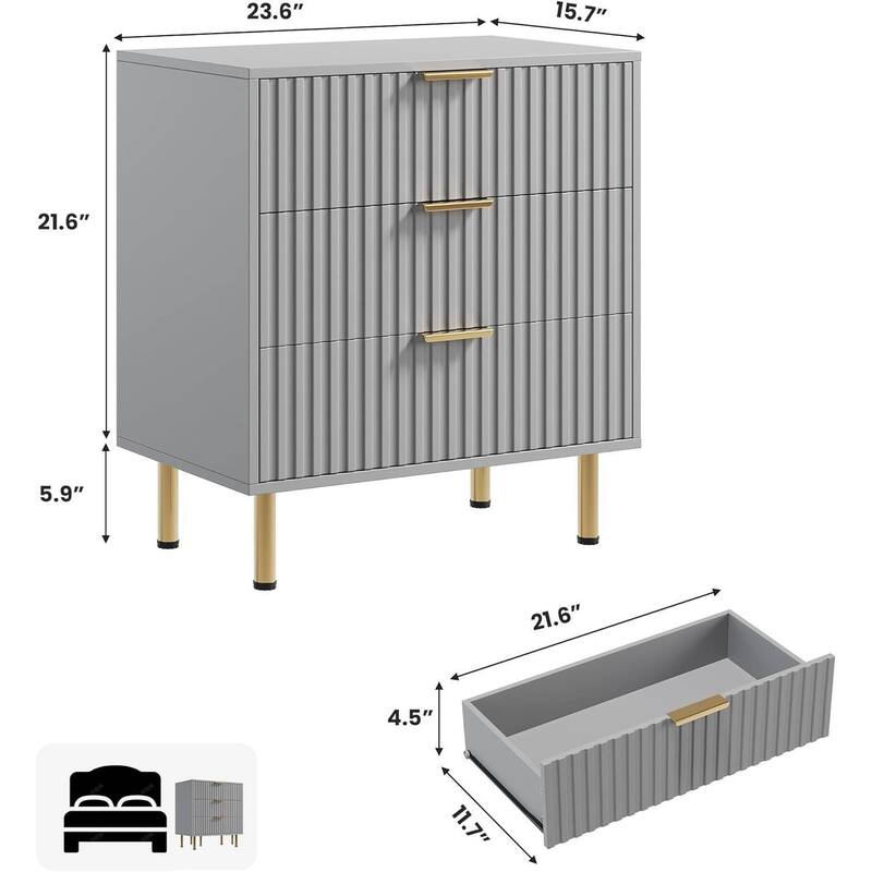 Fluted 3 Drawer Deep Dresser for Bedroom, Living Room, Hallway, Kids Room