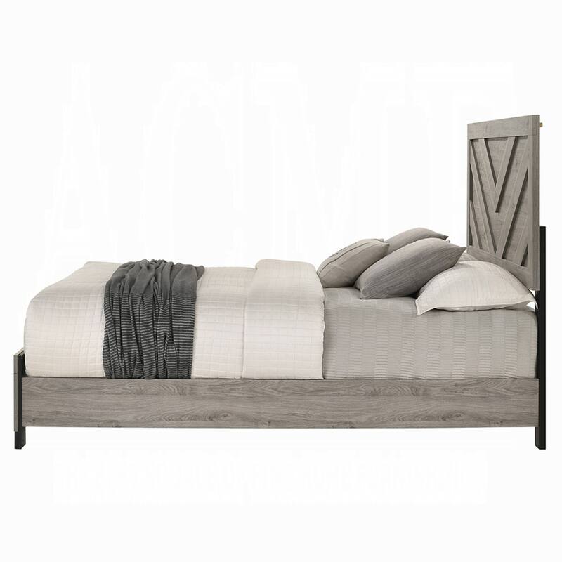 Rachy Queen Bed, Farmhouse Chevron Headboard, Light Gray Black Wood