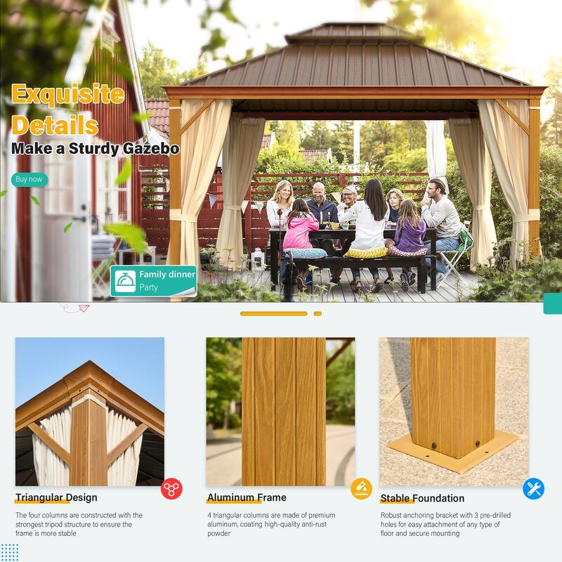 EROMMY Hardtop Gazebo with Galvanized Steel Roof and Curtains, Outdoor Aluminum Pavilion for Patio, Backyard, Lawn