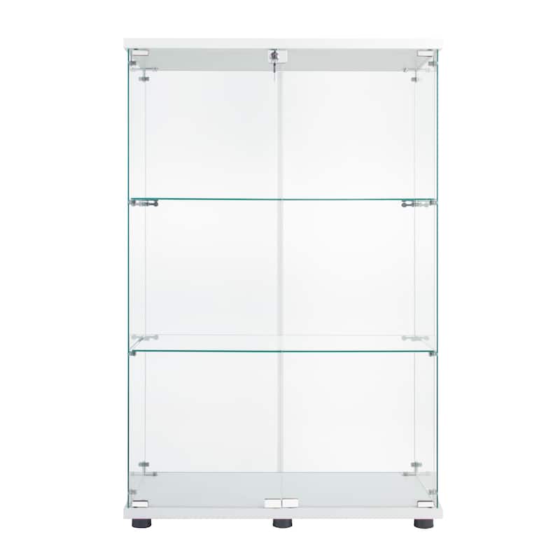 Two Door Glass Cabinet Glass Display Cabinet with 3 Shelves, White - White
