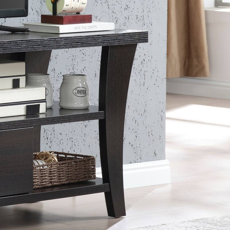 TV Stand Cabinet with curved legs one drawers on metal glides metal square handle modern design divided shelf two cubbies - Espresso