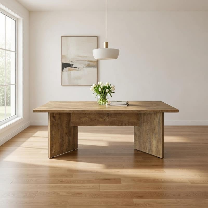 Lama Dining Table, 84 Inch Rectangular Top, V Shape Pedestal Base, Brown