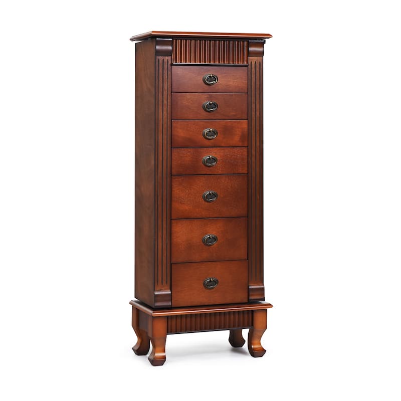 Brown 7 Drawers Wooden Jewelry Storage Cabinet with 1 Top Flip Mirror and 4 Compartments - 15"(L) x 9"(W) x 38.5"(H) - Brown