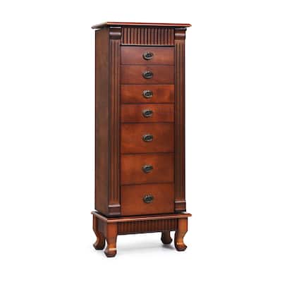 Brown 7 Drawers Wooden Jewelry Storage Cabinet with 1 Top Flip Mirror and 4 Compartments - 15"(L) x 9"(W) x 38.5"(H)