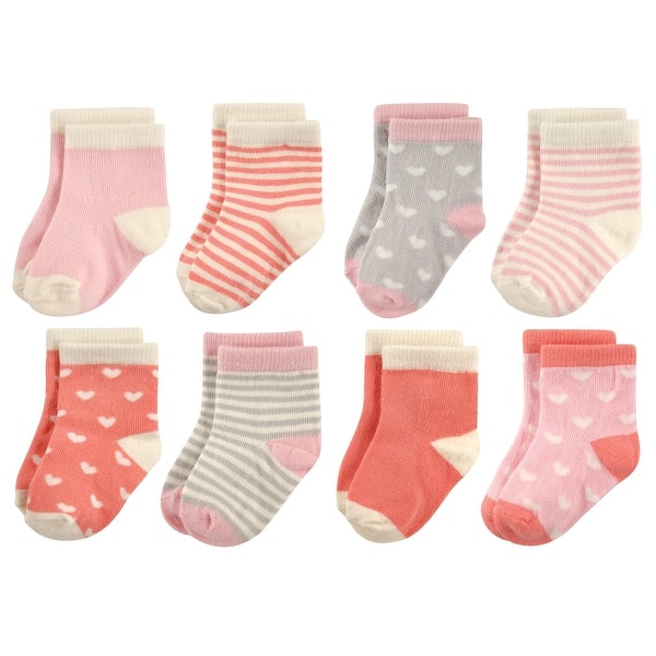 slide 1 of 1, Hudson Baby Infant Girl Cotton Rich Newborn and Terry Socks, Hearts Hearts - 6-12 Months