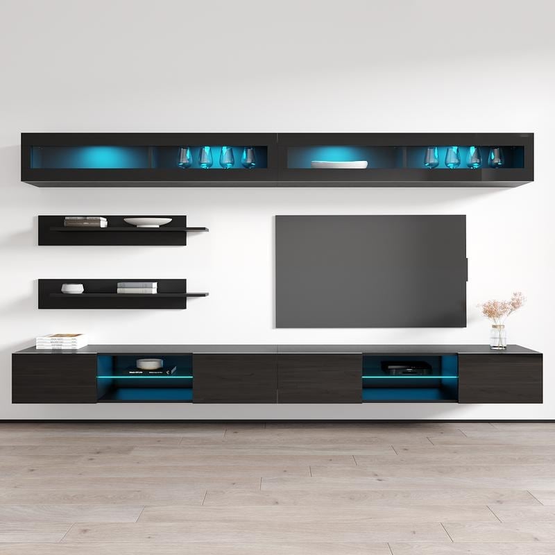 Meble Furniture Fly I2 Wall Mounted Floating Entertainment Center with LED Lights, 6-Piece Modern Set for up to 70" TVs 126"W