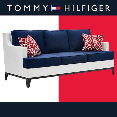 Tommy Hilfiger Hampton Coastal White and Navy Outdoor Mesh 78" Sofa