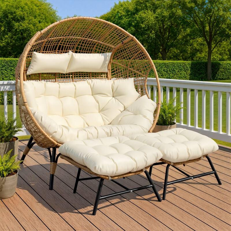 2-Person Outdoor Wicker Egg Chair Loveseat with 2 Ottomans, 57.1" Wide, 6.5" Cushion