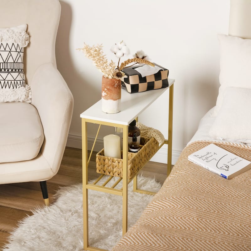 Narrow Side Table with Shelf, 25-inch Tall End Table for Small Space