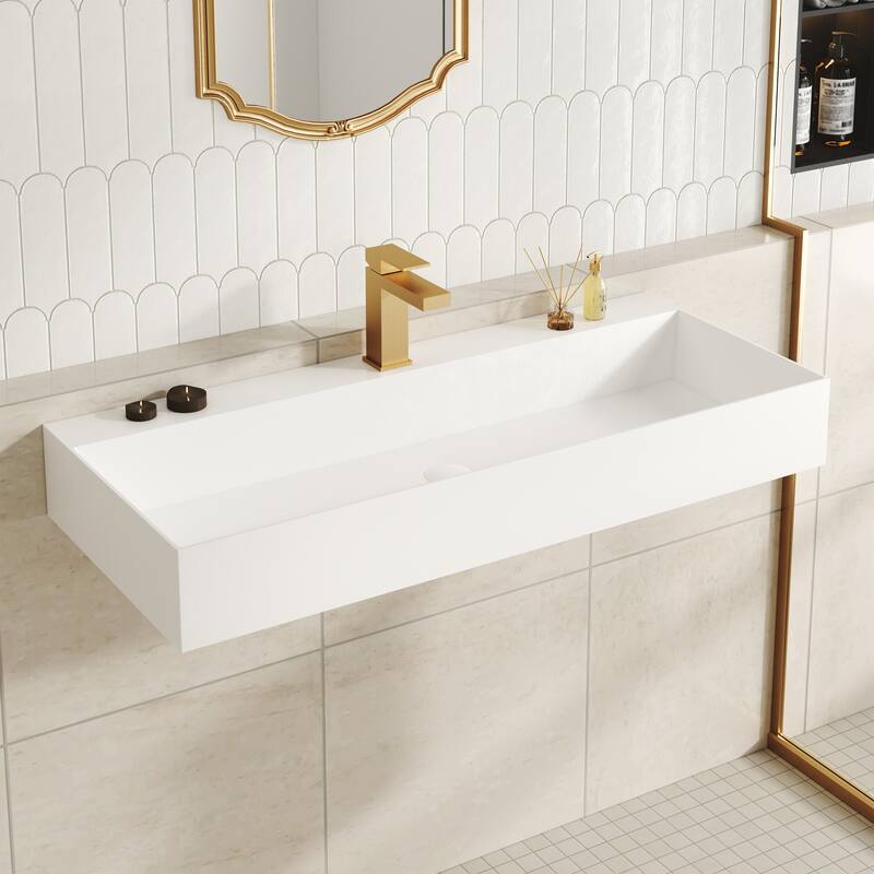 Solid Surface Wall-Mounted Rectangular Bathroom Sink with Pop-Up Drain, Modern Floating Wash Basin with Center Drain