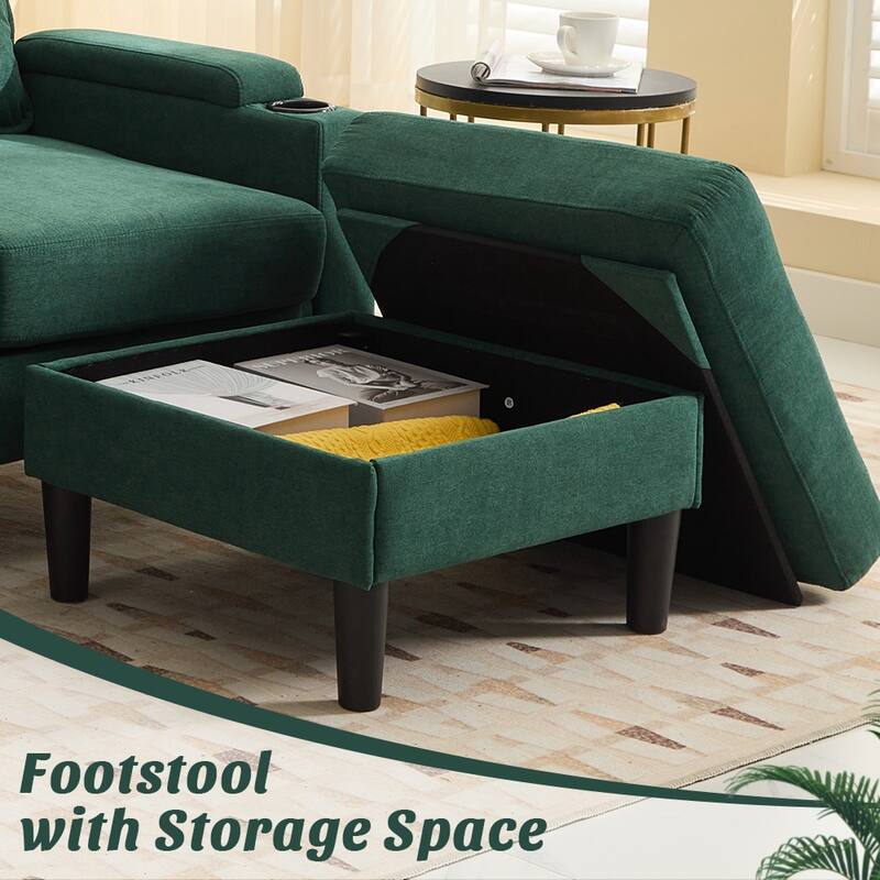 Compact 3-Seat Sofa with Storage Ottoman, L-Shaped Couch with Stool