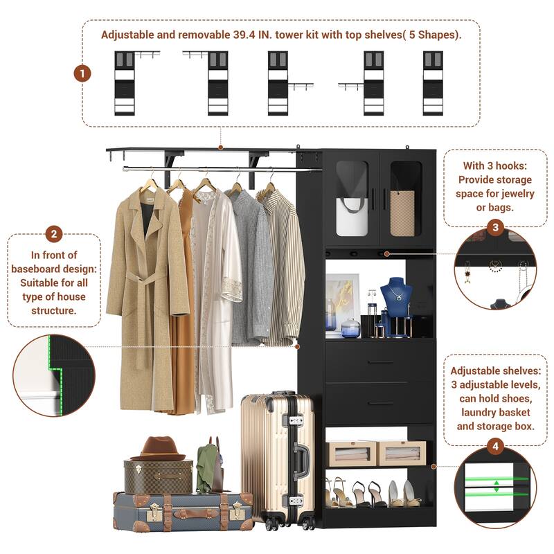 Rackcog Closet System with Doors and Drawers, Storage Organizer with DIY Shelving for Walk-in Closet