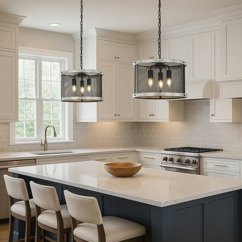 3-Light 16" Black Mesh And Weathered White Wood Frame Rustic Farmhouse Industrial Drum Chandelier Pendant Dining Room - W16''