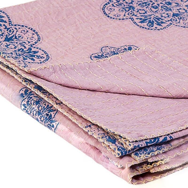 HomeRoots 50" X 70" Black And Blue Ikat Cotton Quilted Kantha Throw Blanket with Embroidery