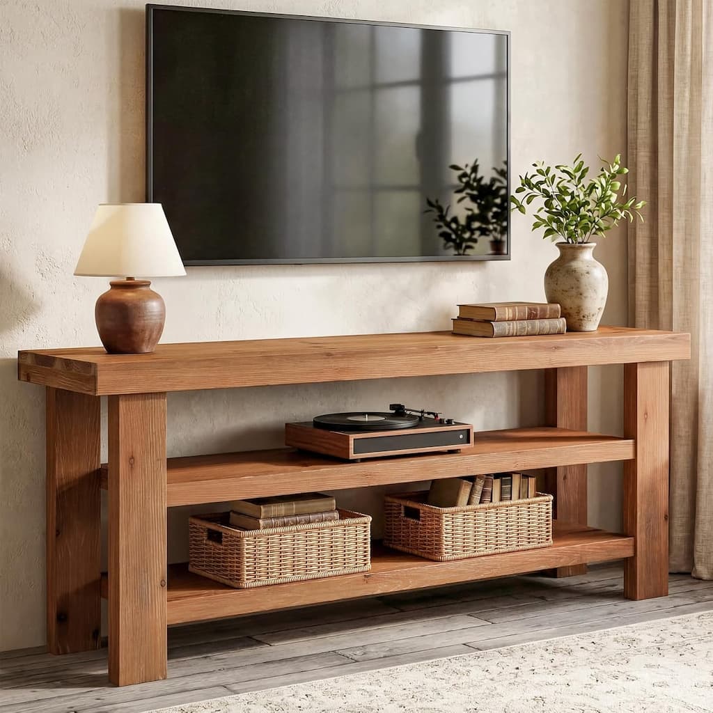 63" Solid Wood TV Stand for 55/60/65/75 Inch TVs, Farmhouse Media Console with 2-Tier Open Storage Shelves