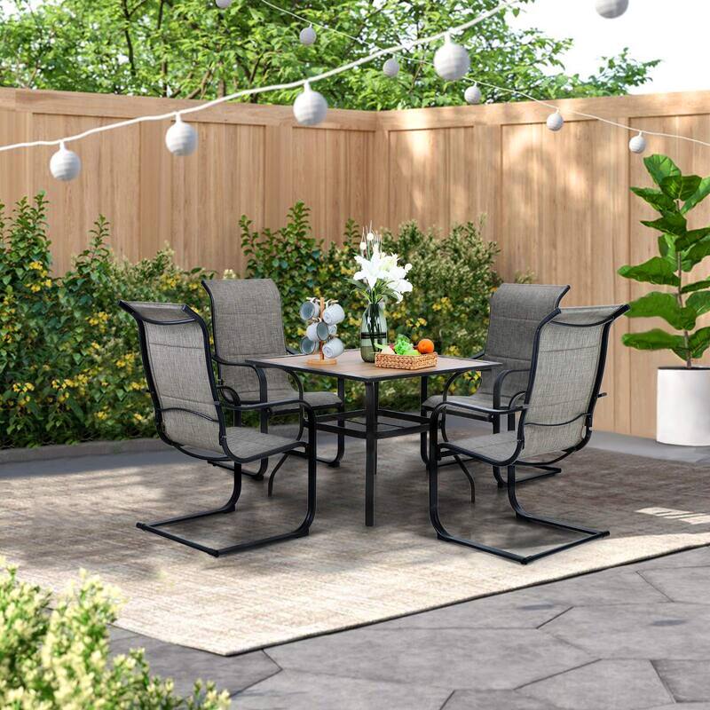 MAISON ARTS Patio Dining Set , 4/6 Textilene Rocking Chairs and 1 Wood-like Table with Umbrella Hole - 37"(L) x 37"(W) x 28"(H)