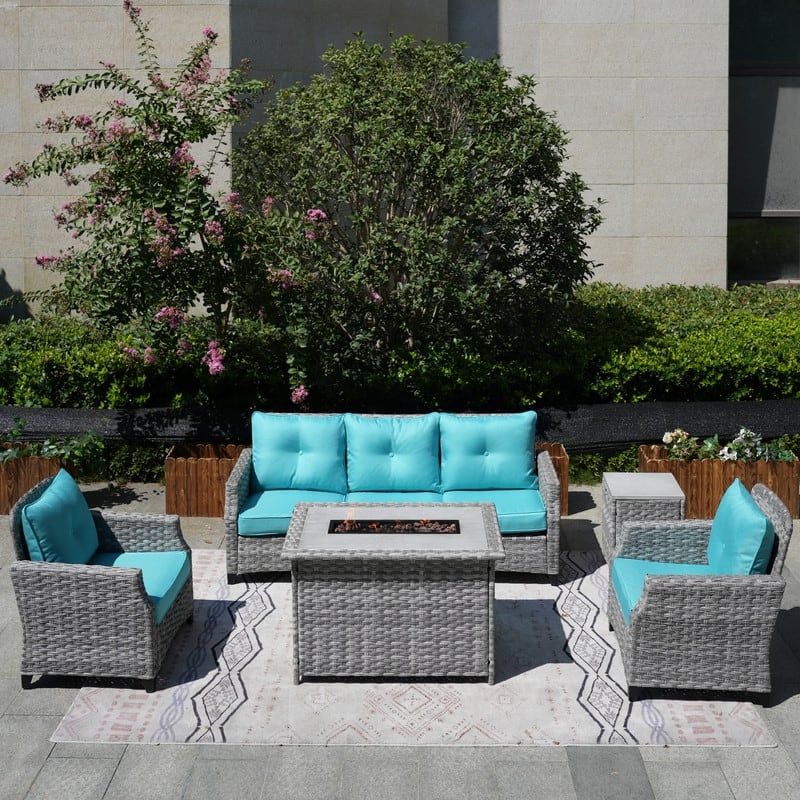 5-Piece Patio Wicker Sofa Set with Firepit Table and Rain cover - Cyan