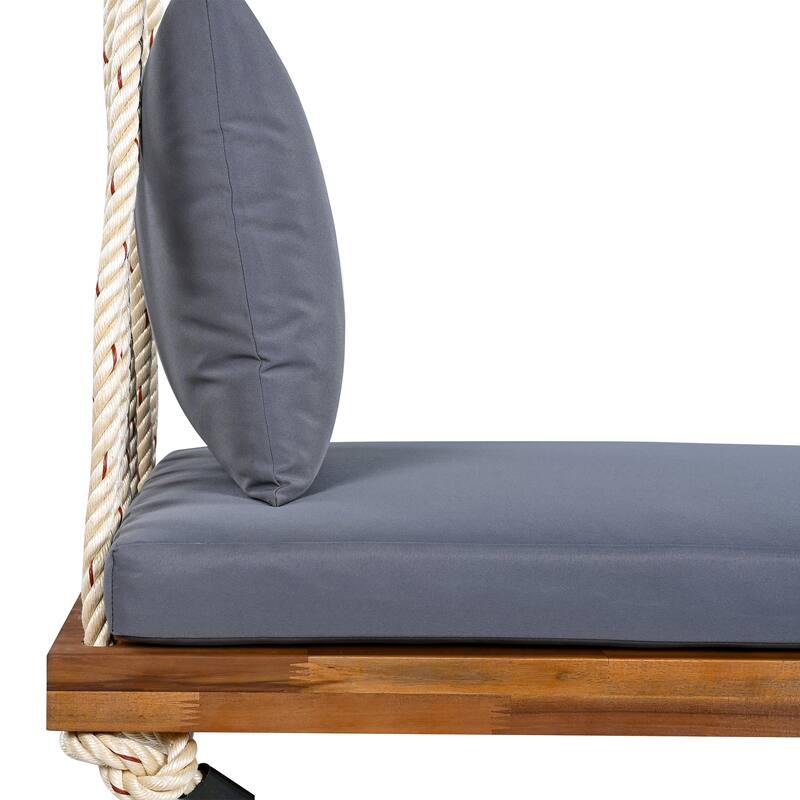 Acacia Wood Swing Chair, Hanging Porch Bench with Cushion & Pillows, 400lb Capacity & 10.8ft Ropes