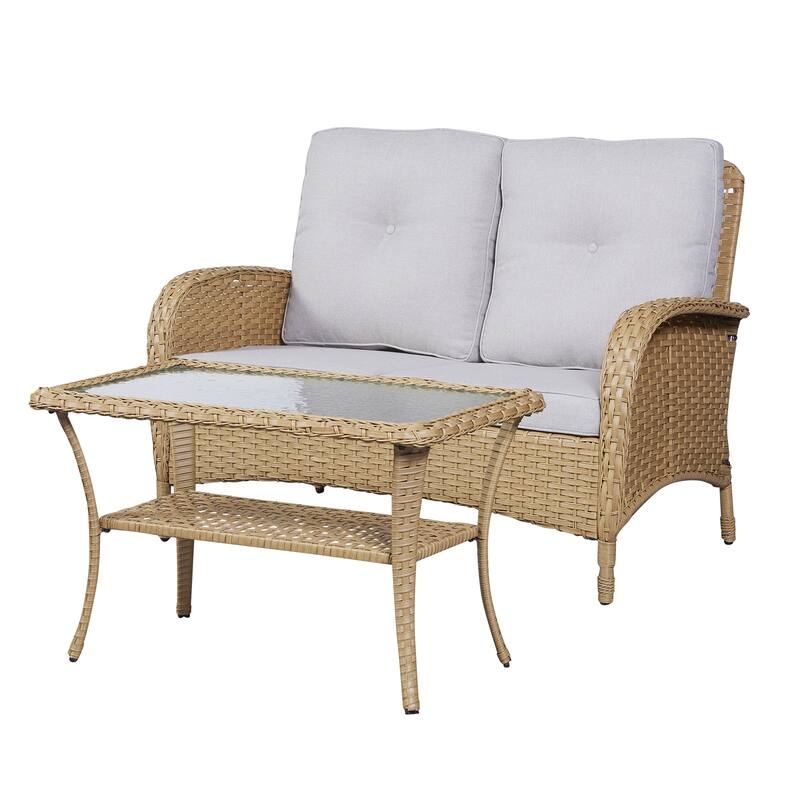 Pocassy 2-Piece Outdoor Sofa Couch with Coffee Table Set