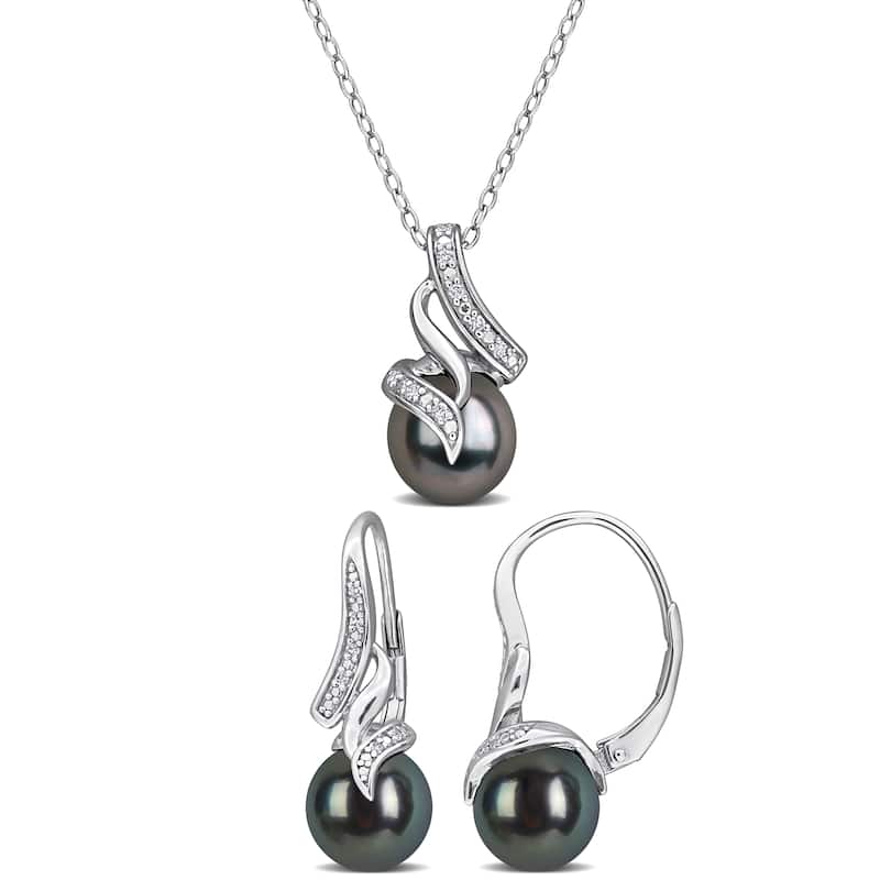 Miadora 8-8.5mm Cultured Tahitian Pearl Diamond Accent Earrings Necklace Set Sterling Silver
