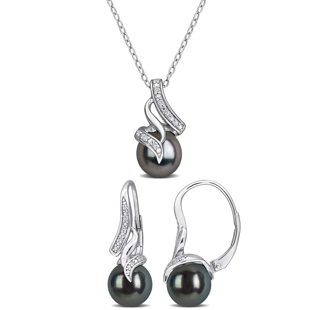 Miadora 8-8.5mm Cultured Tahitian Pearl Diamond Accent Earrings Necklace Set Sterling Silver