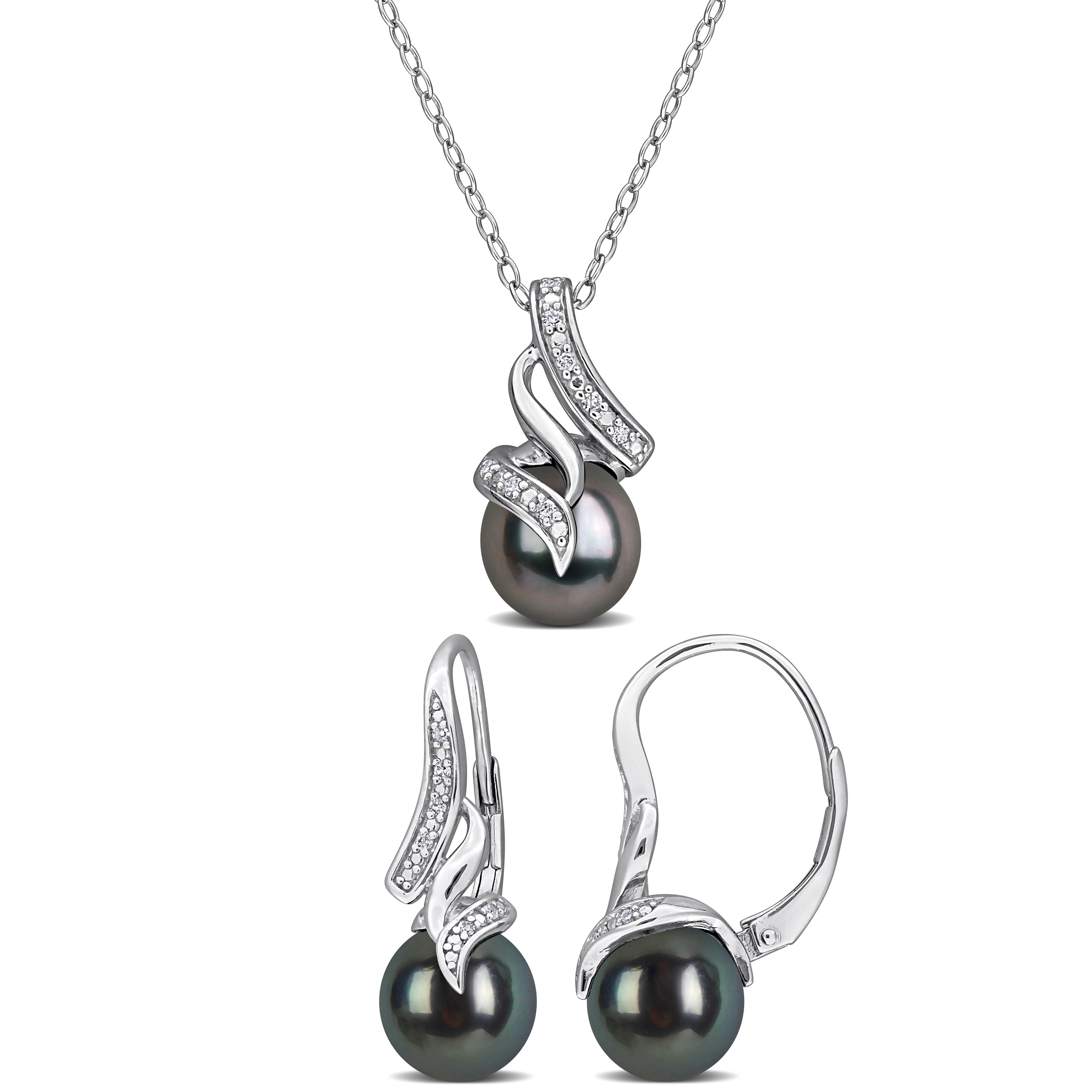 Miadora 8-8.5mm Cultured Tahitian Pearl Diamond Accent Earrings Necklace Set Sterling Silver