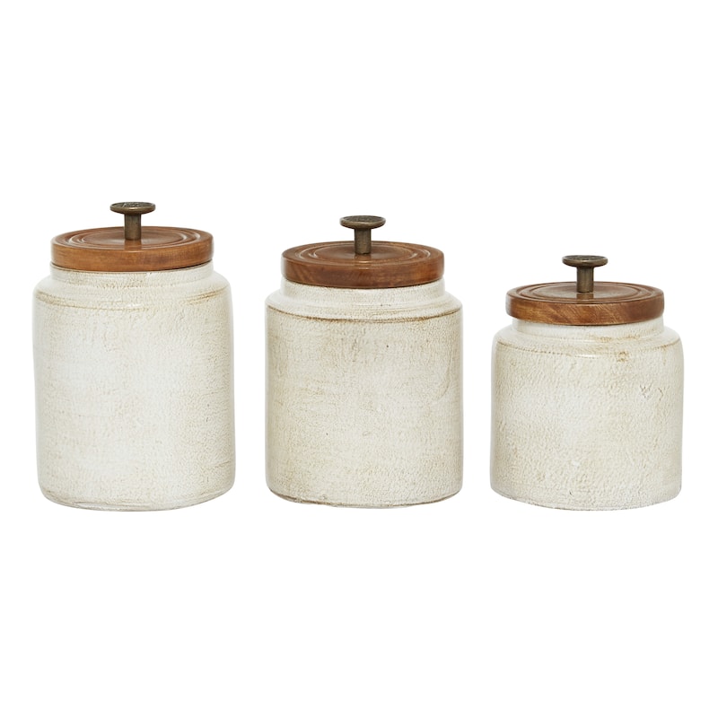 Ceramic Decorative Jars with Wood Lids - Set of 3 White - Roche River Decor - 6"W x 5"L x 8"H