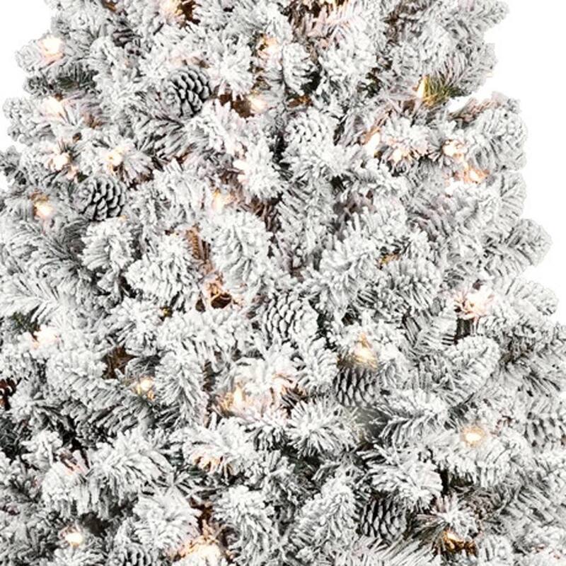HomeRoots 7.5' White Pre Lit Full Flocked Fir Christmas Tree With Decorations - 57.00 in. x 90.00 in. x 57.00 in.
