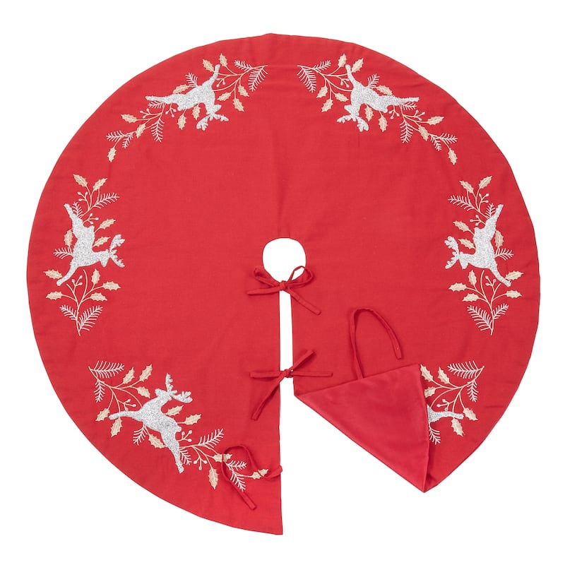 Christmas Tree Skirt With Embroidered Reindeer Design
