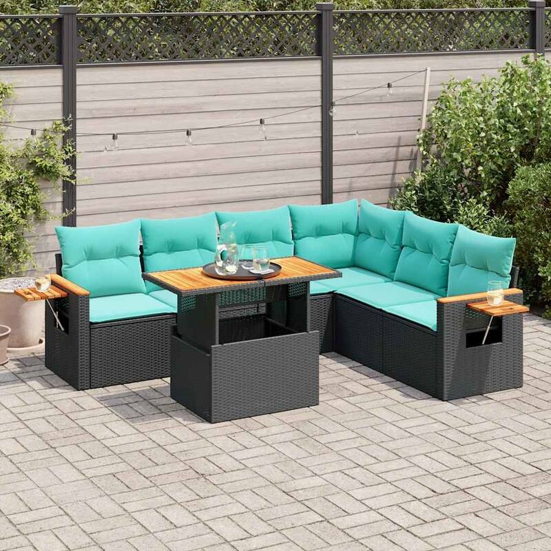 vidaXL Patio Sofa Set with Cushions Outdoor Furniture 6/7 Piece Poly Rattan - Black - 24.4 x 24.4 x 27.2