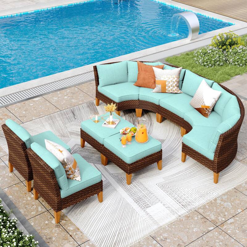 12-Seat Outdoor Wicker Half-Round Furniture Set, Half-Moon Sectional Sofa All Weather Curved Conversation Set - 9-Seat - Type F