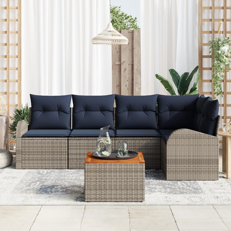 vidaXL 6 Garden Sofa Set with Cushions Black/Grey Poly Rattan - 92.1 x 48.8 x 27.2