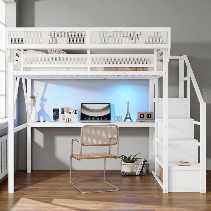 Full/Queen Size Metal Loft Bed with Desk, RGB Light, Charging Station, Shelves and Wardrobe, Stair Loft Bed for Teens